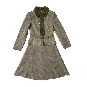 ALBERTA FERRETTI Tweed Blazer Skirt Set XS Green Fur Trim Jewel Button Italy